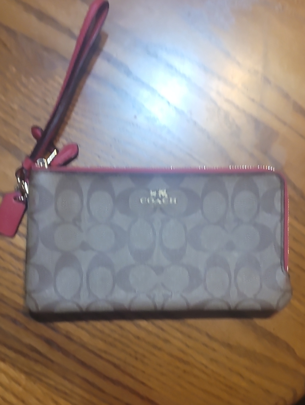 Coach Brown Signature Wristlet with Pink Trim